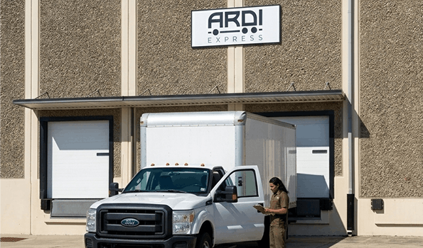 Box truck at the dock doors of the ARDI Express warehouse in Edison, New Jersey