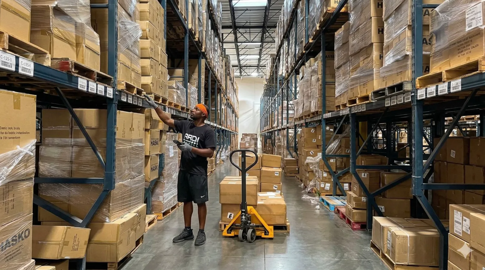 Operator moving freight in an aisle of the ARDI Express Riverside warehouse